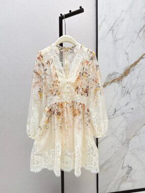 Zimmermann Cream Floral Bird Print Lace Trim Long Sleeve Mini Dress